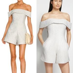 Jonathan Simkhai Gray Silver Valerie Metalasse Off the Shoulder Romper NWT Sz 6